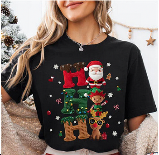 Short sleeve T-shirt "Ho Ho Ho with Santa, Elf & Reindeer"